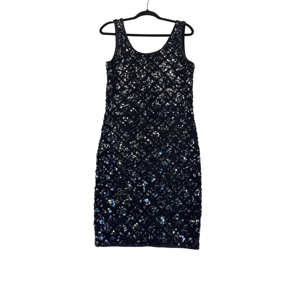 Cathy Hardwick Vintage Sequin Wool Dress Black Silver Bodycon Cocktail Party M